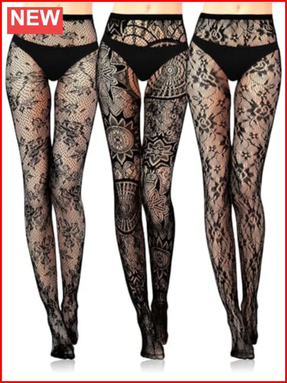 3 Pairs Black Fishnet Tights Lace Patterned Sheer Hosiery Halloween Costume